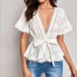 Eyelet Embroidered Wrap Blouse White - Never Worn